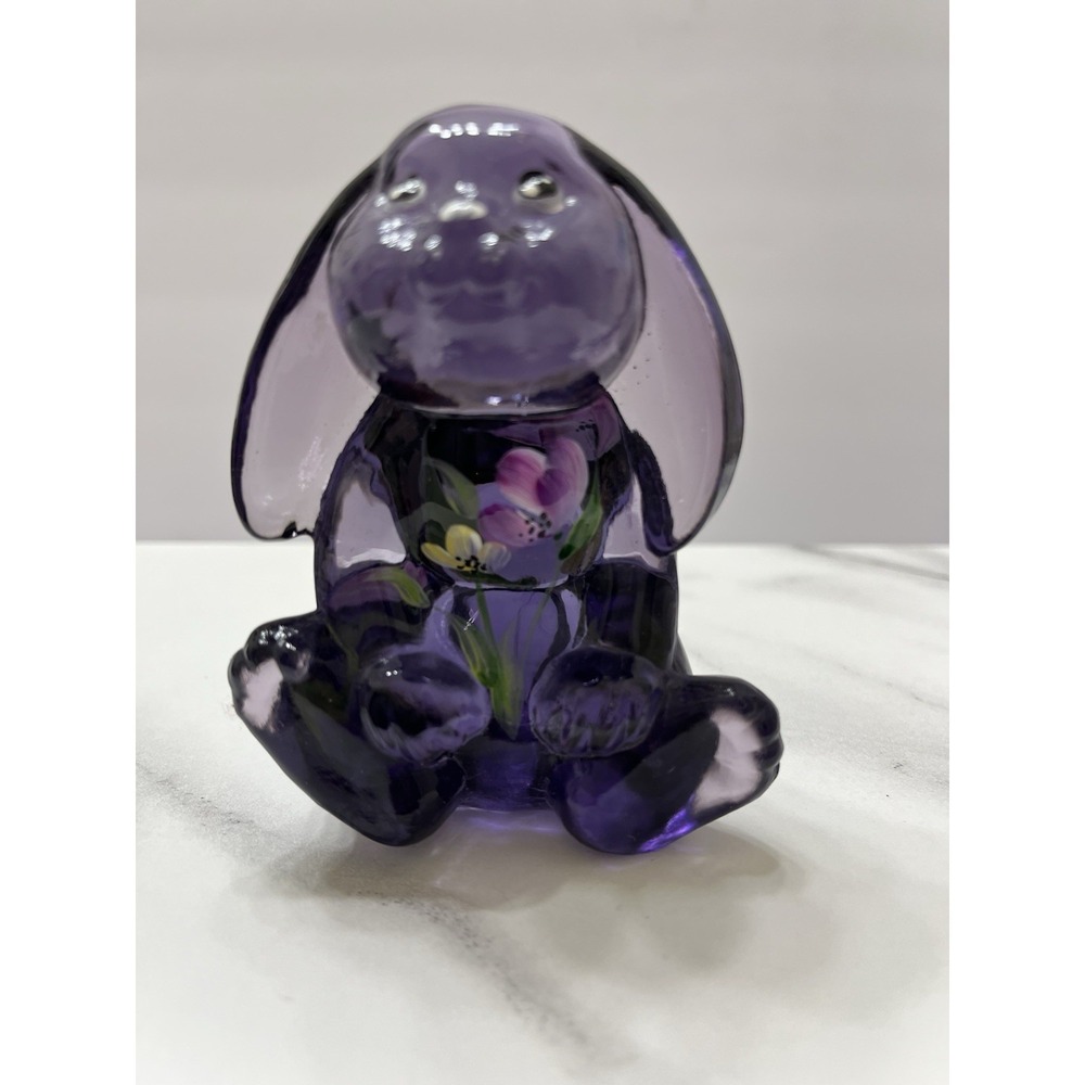 Vtg Fenton Lenox Rabbit Art Glass FigurePurple Amethyst Hand Painted Flowers